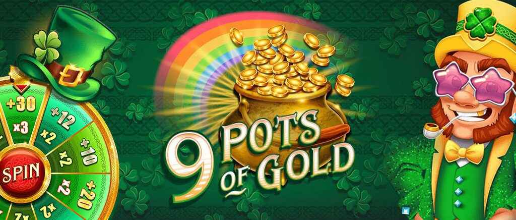 Graphic shows the logo and free spin wheel of 9 pots of gold slot.