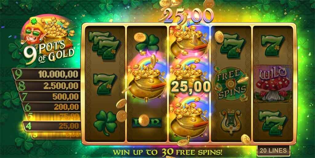 Graphic shows the jackpot reel of 9 pots of gold slot.